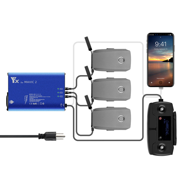 YX 5-in-1 Smart Charger for DJI Mavic 2 Drone Battery Charger Remote Control Phone Charging Hub YX 5-in-1 Smart Charger for DJI Mavic 2 Drone Battery Charger Remote Control Phone Charging Hub